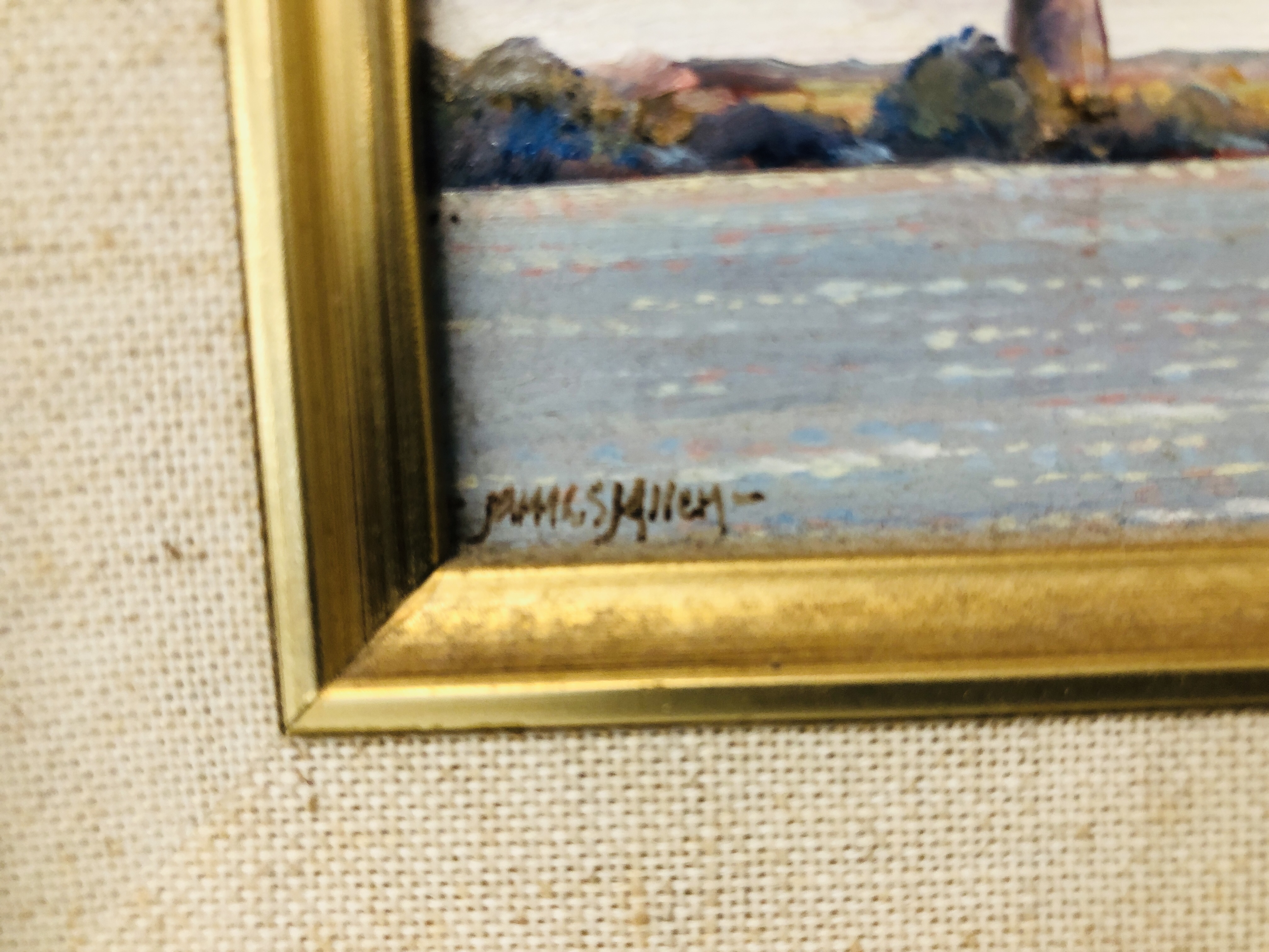 TWO ORIGINAL JAMES ALLEN OIL ON BOARDS "NORFOLK WHERRY" AND "MILL NR. HICKLING" NORFOLK - EACH 11. - Image 3 of 8