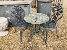 A CAST METAL GARDEN CIRCULAR TABLE AND 2 CHAIRS