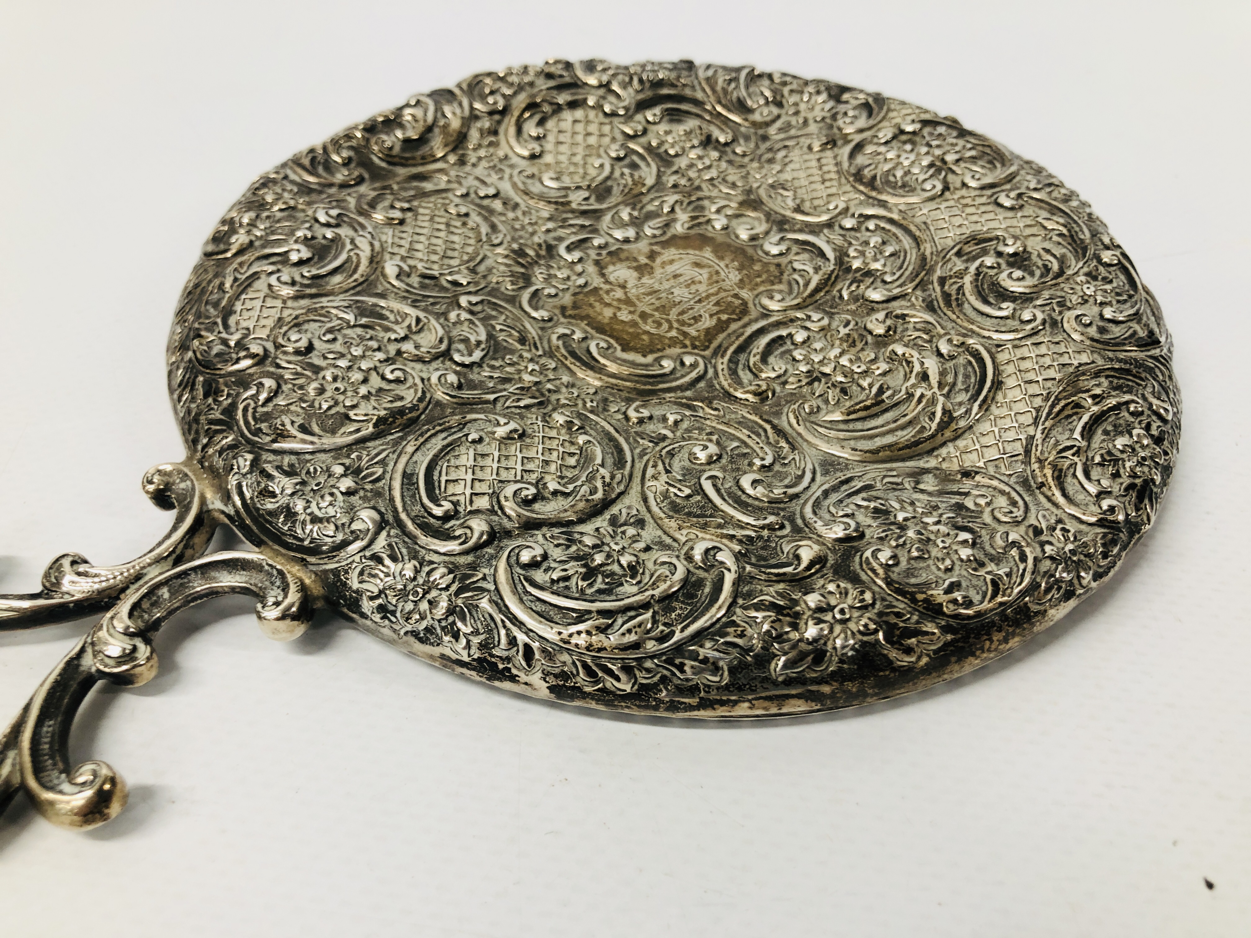 VINTAGE SILVER BACKED HAND HELD MIRROR ALONG WITH A VINTAGE SILVER DISH BIRMINGHAM ASSAY J.G. - Image 13 of 16