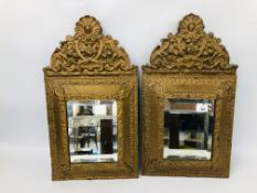 PAIR OF VINTAGE GILT FINISHED CUSHION MIRRORS (REQUIRE ATTENTION) HEIGHT 59CM. WIDTH 34CM.