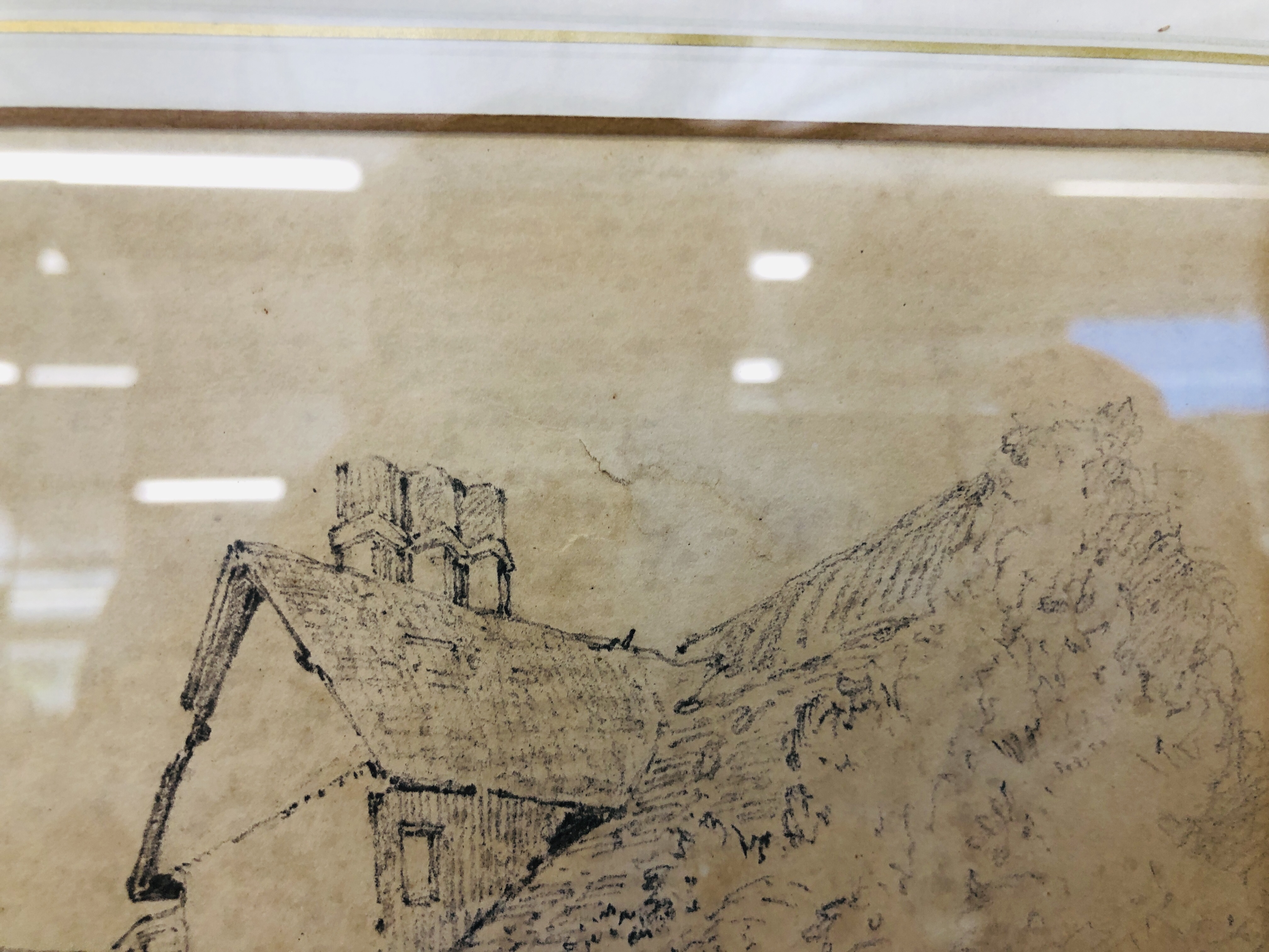 A FRAMED AND MOUNTED PENCIL SKETCH OF VILLAGE SCENE ATTRIBUTED TO COTMAN SOME DAMAGE 18.5CM. - Image 6 of 10