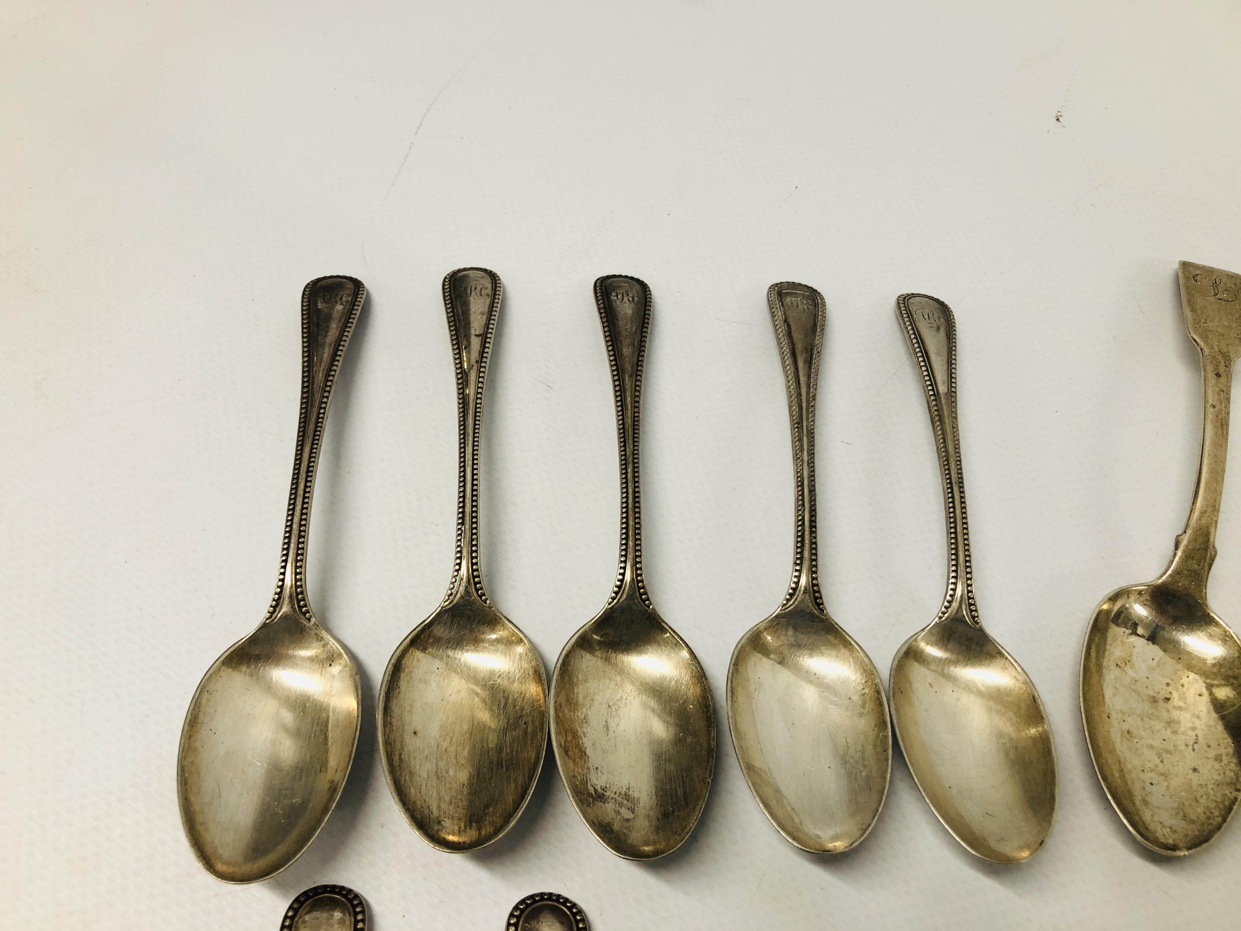 3 LARGE GEORGIAN SILVER FIDDLE PATTERN TEASPOONS, LONDON, ALONG WITH A JAM SPOON, EDINBURGH ASSAY, - Image 2 of 14