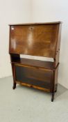 AN ANTIQUE MAHOGANY FALLING FRONT BUREAU WITH FITTED INTERIOR AND BOOKCASE BELOW W 84CM, D 32CM,