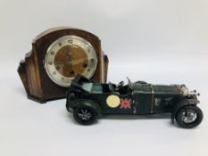 ART DECO OAK CASED MANTEL CLOCK AND DECORATIVE METAL CAR.