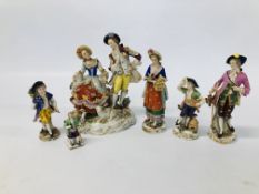 A GROUP OF CONTINENTAL HARDPASTE FIGURES INCLUDING A SITZENDORF GROUP OF A STANDING GENTLEMAN AND A