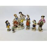 A GROUP OF CONTINENTAL HARDPASTE FIGURES INCLUDING A SITZENDORF GROUP OF A STANDING GENTLEMAN AND A