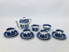 VINTAGE MINATURE 15 PIECE BLUE AND WHITE WILLOW PATTERN TEA SET MARKED RIDGWAY 1832 SEMI CHINA.