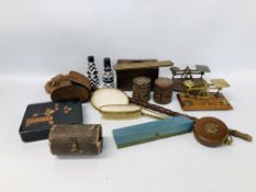 BOX OF COLLECTIBLES TO INCLUDE TWO PAIRS OF VINTAGE SCALES, ORIENTAL LACQUERED BOX,