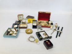 BOX OF ASSORTED VINTAGE COSTUME JEWELLERY TO INCLUDE WRIST WATCHES, TRAVEL CLOCK,
