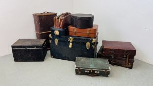 A GROUP OF TEN ASSORTED TRAVEL AND LUGGAGE CASES TO INCLUDE TRUNKS, PINE CHEST, GLADSTONE BAG,