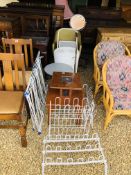 A WHITE WICKER LAUNDRY BASKET AND A 1950's WOVEN BEDROOM CHAIR, VARIOUS SHOE RACKS, 2 LINEN HORSES,