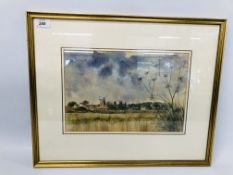 FRAMED WATERCOLOUR "CLEY MILL, JUNE" BEARING SIGNATURE PETER SOLLY WIDTH 35CM. HEIGHT 23.5CM.