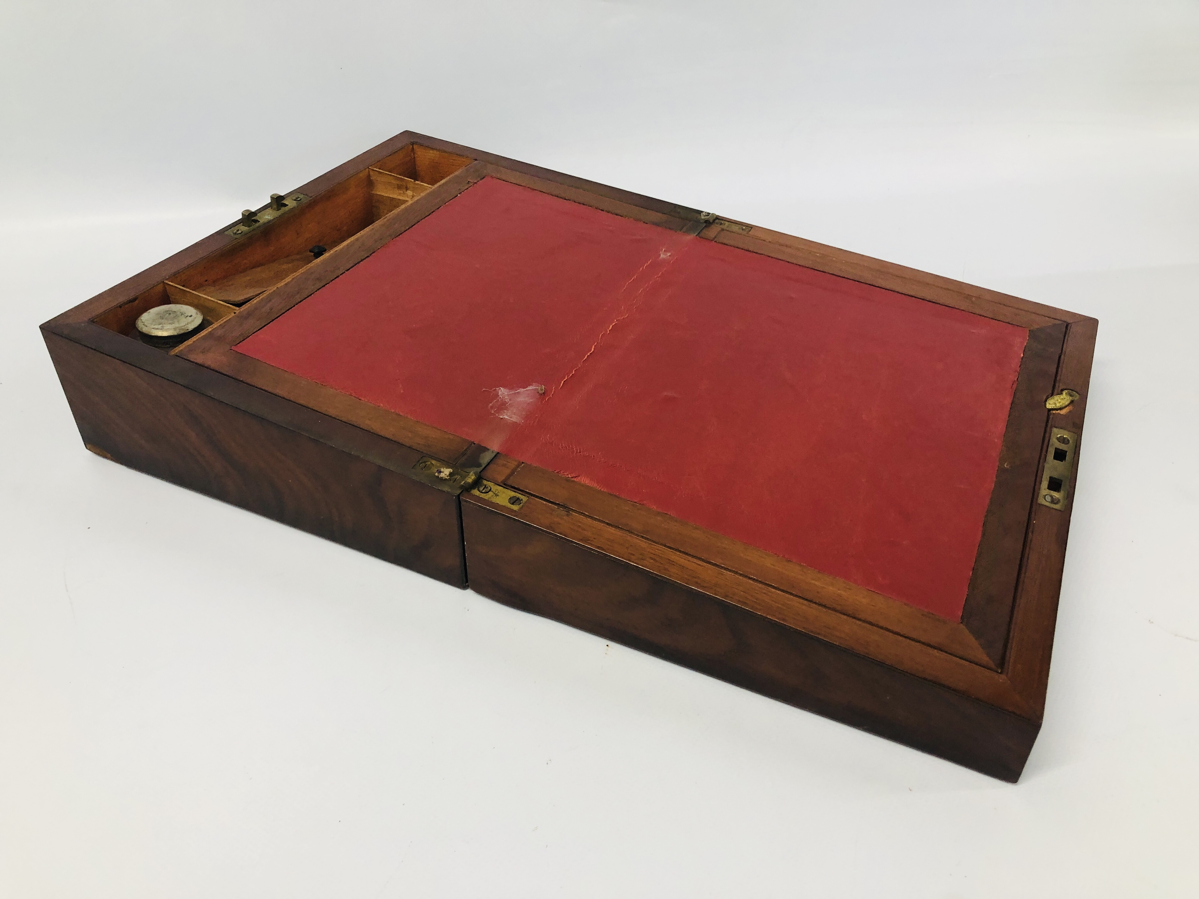 VINTAGE WALNUT WRITING BOX WITH BRASS BOUND DETAIL ALONG WITH A MAHOGANY EXAMPLE - REQUIRES - Image 7 of 12