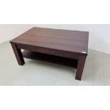 MODERN MAHOGANY FINISH COFFEE TABLE, SINGLE TIER BELOW LENGTH 110CM. WIDTH 70CM.