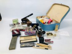 BOX OF COLLECTABLE'S TO INCLUDE VINTAGE PRESS, MEASURES, LIGHTERS, POCKET KNIVES / TOOLS,