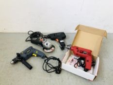 FOUR POWER TOOLS TO INCLUDE POWER DEVIL DRILL, HANDY POWER DRILL, WICKES GRINDER,