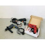 FOUR POWER TOOLS TO INCLUDE POWER DEVIL DRILL, HANDY POWER DRILL, WICKES GRINDER,