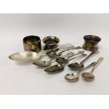 A GROUP OF 8 SILVER TEASPOONS TO INCLUDE GEORGIAN ALONG WITH THREE SILVER SERVIETTE RINGS