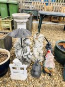 A GROUP OF SEVEN VARIOUS DECORATIVE GARDEN ORNAMENTS TO INCLUDE FAIRIES, GNOME, FIGURES,