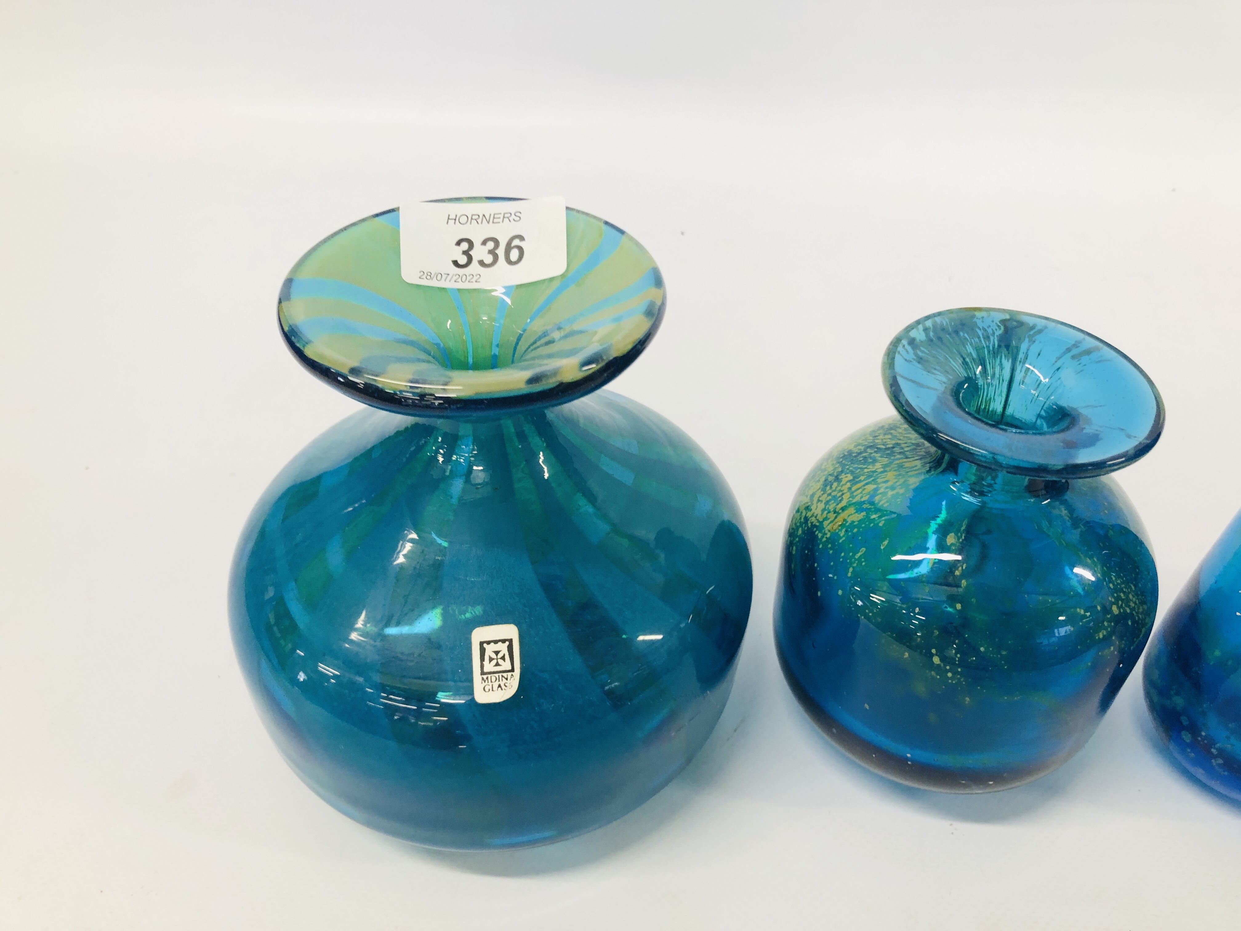 FOUR MDINA ART GLASS VASES (THREE BEARING ORIGINAL LABELS) ALONG WITH A MDINA PAPERWEIGHT. - Image 2 of 4