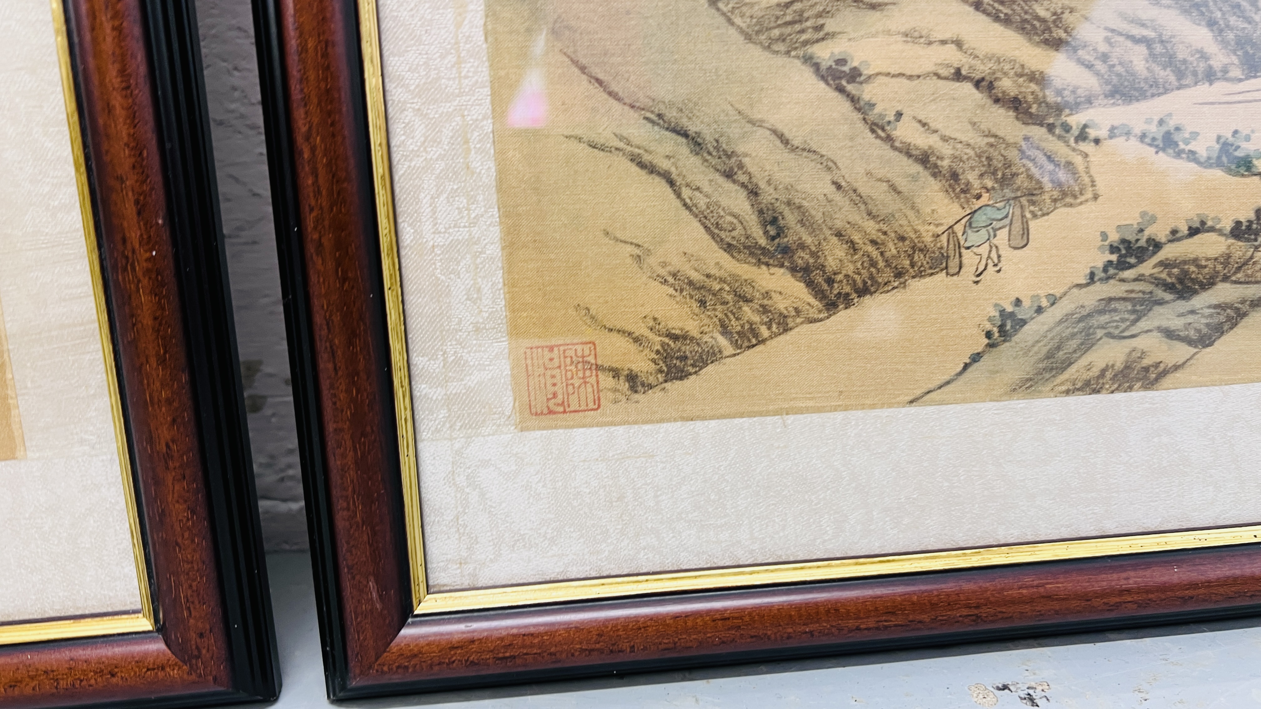 A SET OF THREE FRAMED AND MOUNTED CHINESE PAINTINGS ON SILK. - Image 6 of 8