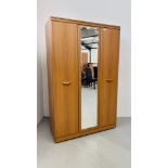 AN ALSTONS CHERRYWOOD FINISH DOUBLE WARDROBE WITH FULL LENGTH MIRRORED CENTRE PANEL W 114CM, D 51CM,