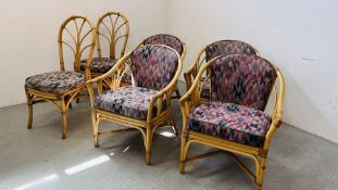 A SET OF FOUR CANE FRAMED ELBOW CHAIRS WITH CUSHIONED SEATS PLUS PAIR OF CANE SIDE CHAIRS - TRADE