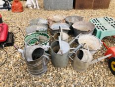 A COLLECTION OF GALVANISED ITEMS TO INCLUDE FOUR WATERING CANS, FIVE BUCKETS AND THREE MOP BUCKETS.
