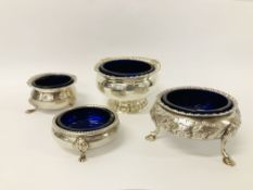 FOUR VARIOUS SILVER BLUE GLASS LINED SALTS