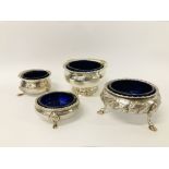 FOUR VARIOUS SILVER BLUE GLASS LINED SALTS