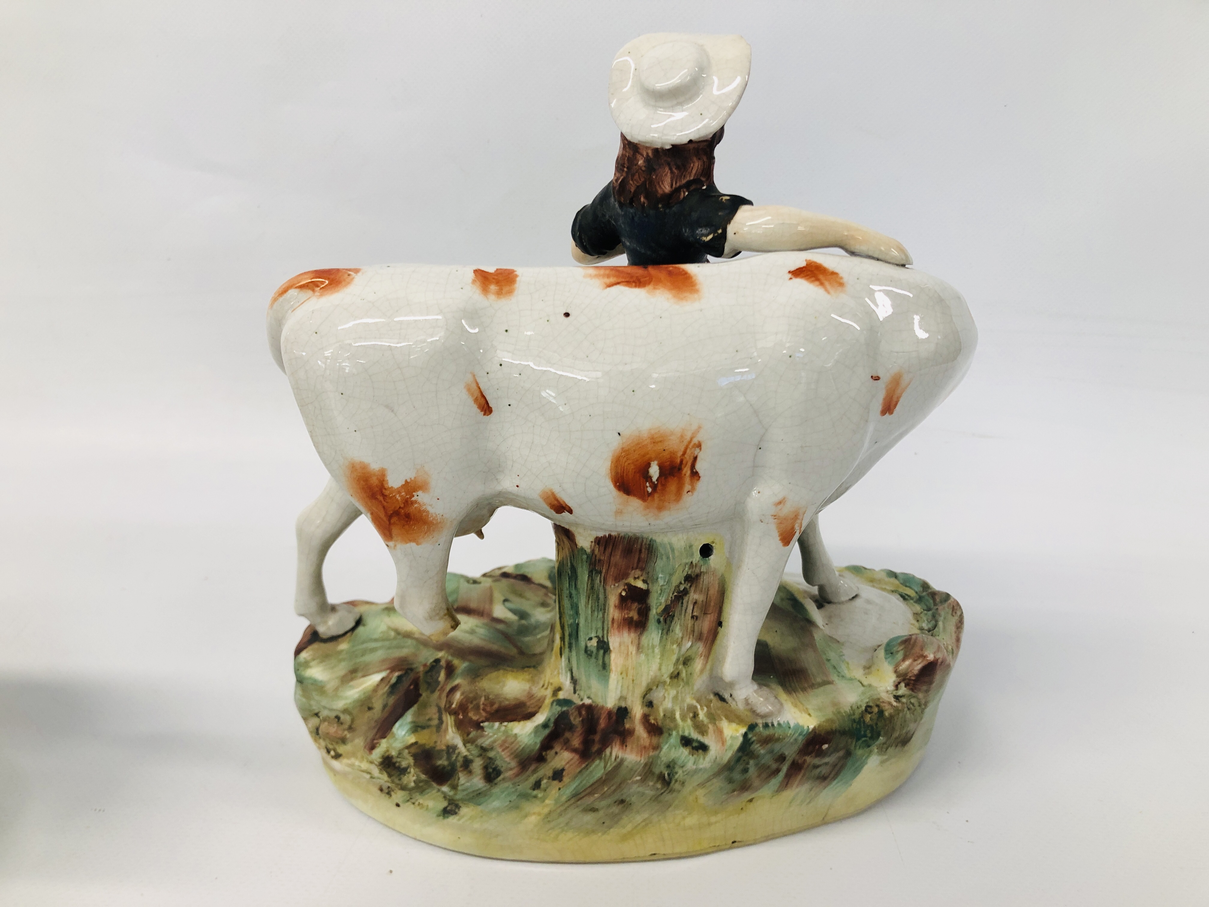 PAIR OF STAFFORDSHIRE TYPE FIGURES OF A MILK MAID AND A BOY STANDING BY A COW A/F HEIGHT 21CM. - Image 5 of 8