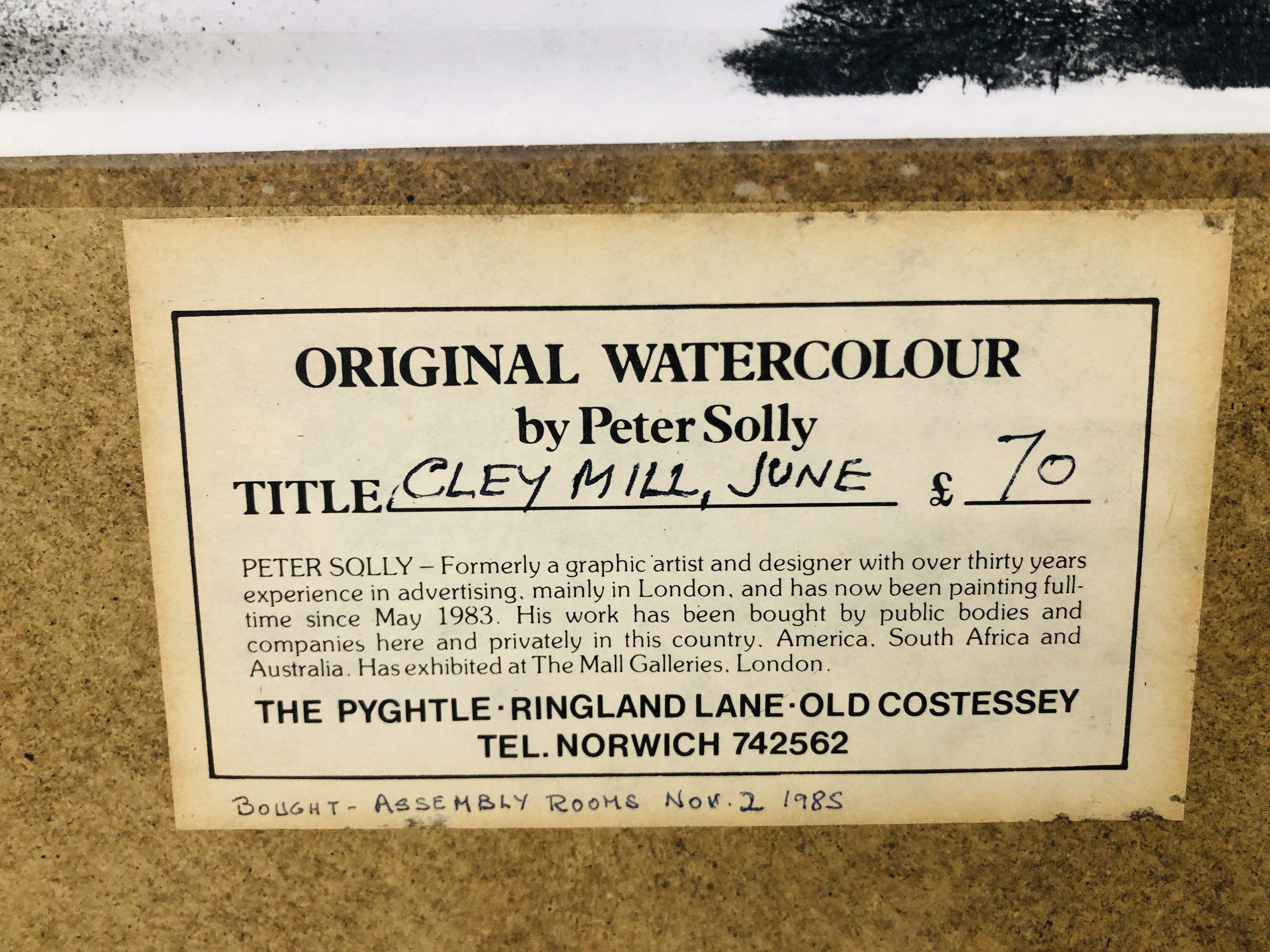 FRAMED WATERCOLOUR "CLEY MILL, JUNE" BEARING SIGNATURE PETER SOLLY WIDTH 35CM. HEIGHT 23.5CM. - Image 9 of 9