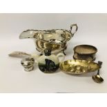 COLLECTION OF SILVER TO INCLUDE SILVER SAUCE BOAT, BIRMINGHAM ASSAY, SILVER SERVIETTE RING AND TOP,