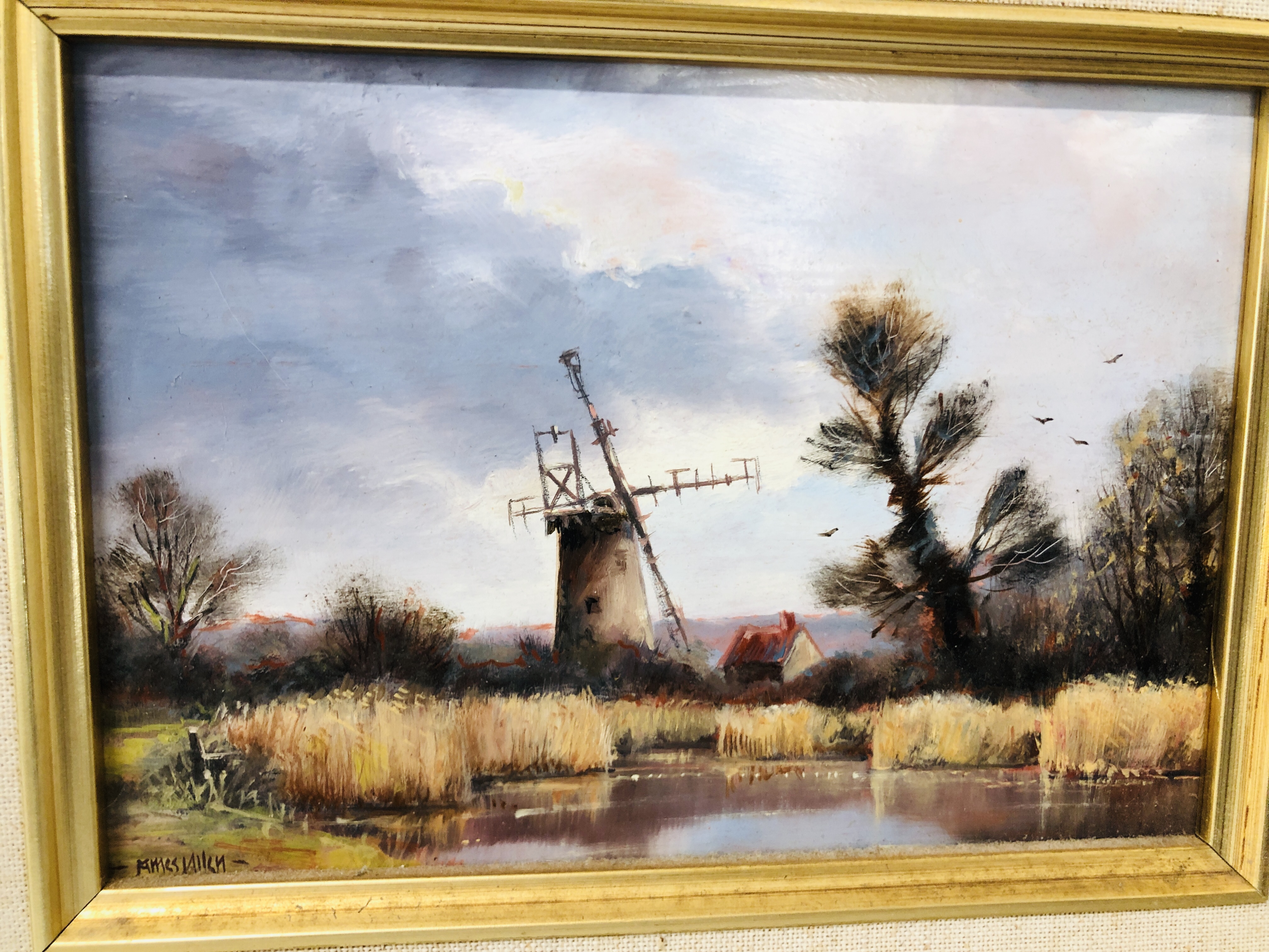 TWO ORIGINAL JAMES ALLEN OIL ON BOARDS "NORFOLK WHERRY" AND "MILL NR. HICKLING" NORFOLK - EACH 11. - Image 5 of 8