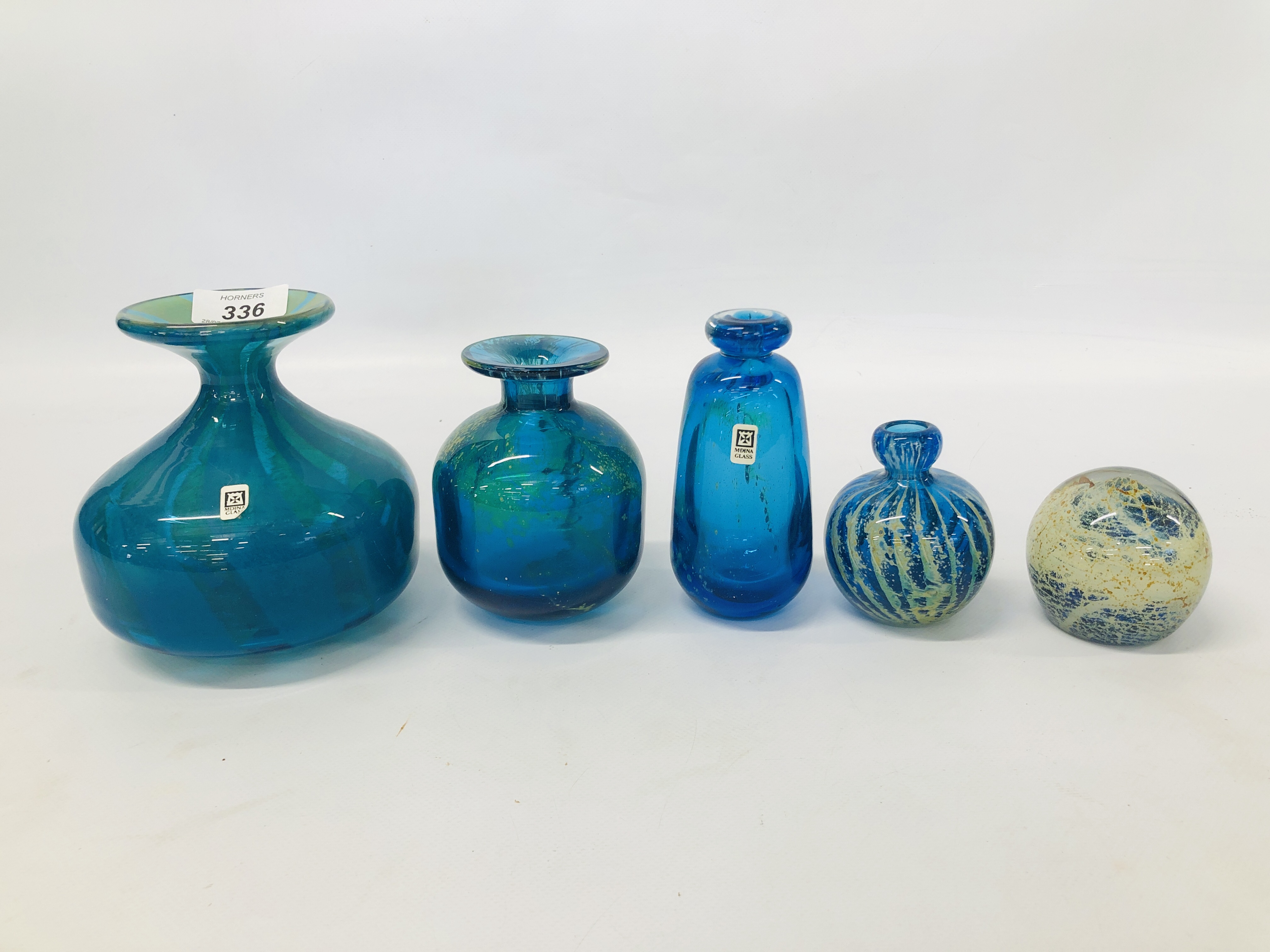 FOUR MDINA ART GLASS VASES (THREE BEARING ORIGINAL LABELS) ALONG WITH A MDINA PAPERWEIGHT.