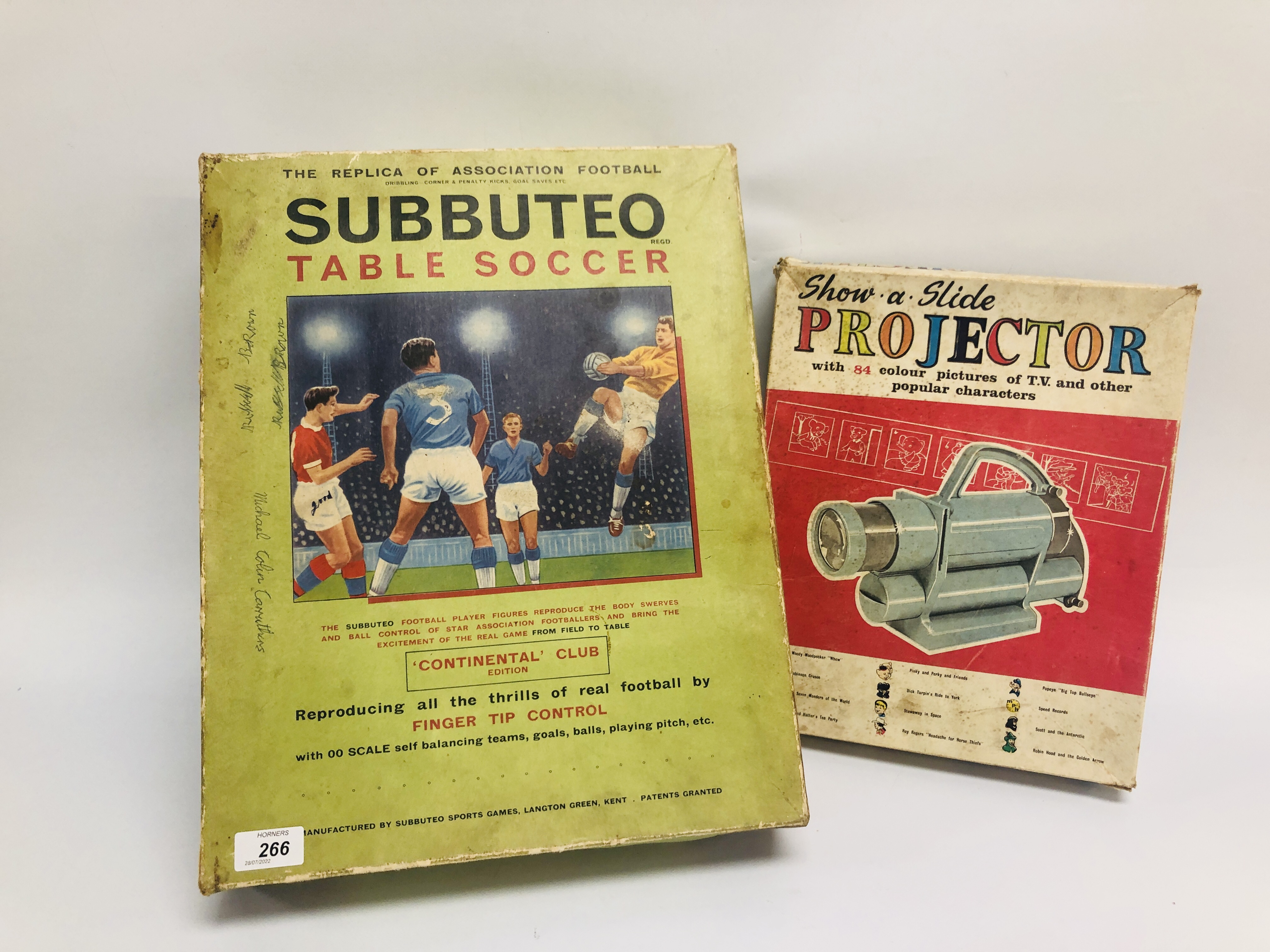 VINTAGE SUBBUTEO TABLE TOP SOCCER GAME + SHOW AND SLIDE PROJECTOR (BOXED) - SOLD AS SEEN.