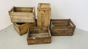 5 WOODEN CRATES TO INCLUDE MORRIS, CAMP COFFEE, ETC.