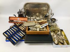 A COLLECTION OF VARIOUS METAL WARE TO INCLUDE COFFEE POTS, TRAYS, STAINLESS CUTLERY, FISH KNIVES,