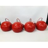 SET OF FOUR RETRO STYLE HANGING RED METAL LIGHT FITTINGS - TO BE FITTED BY QUALIFIED ELECTRICIAN