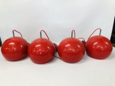 SET OF FOUR RETRO STYLE HANGING RED METAL LIGHT FITTINGS - TO BE FITTED BY QUALIFIED ELECTRICIAN