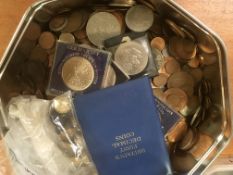 TIN OF MIXED MAINLY GB COINS, 1831 COPPER PENNY, MODERN £2 (5), ETC.