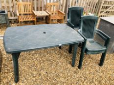 A RECTANGULAR GREEN UPVC PATIO TABLE AND FIVE PATIO CHAIRS.