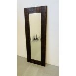 RUSTIC PINE FRAMED BEVELLED PLATE RECTANGULAR WALL MIRROR WIDTH 53CM. HEIGHT 145CM.