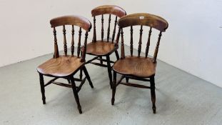 THREE ANTIQUE ELM SEATED KITCHEN CHAIRS