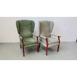 TWO MODERN GREEN UPHOLSTERED WING BACK FIRESIDE CHAIRS.