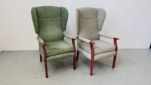 TWO MODERN GREEN UPHOLSTERED WING BACK FIRESIDE CHAIRS.