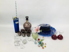 COLLECTION OF GLASSWARE TO INCLUDE VINTAGE MARBLES, PAIR OF VASES, VASELINE GLASS FLOWER,