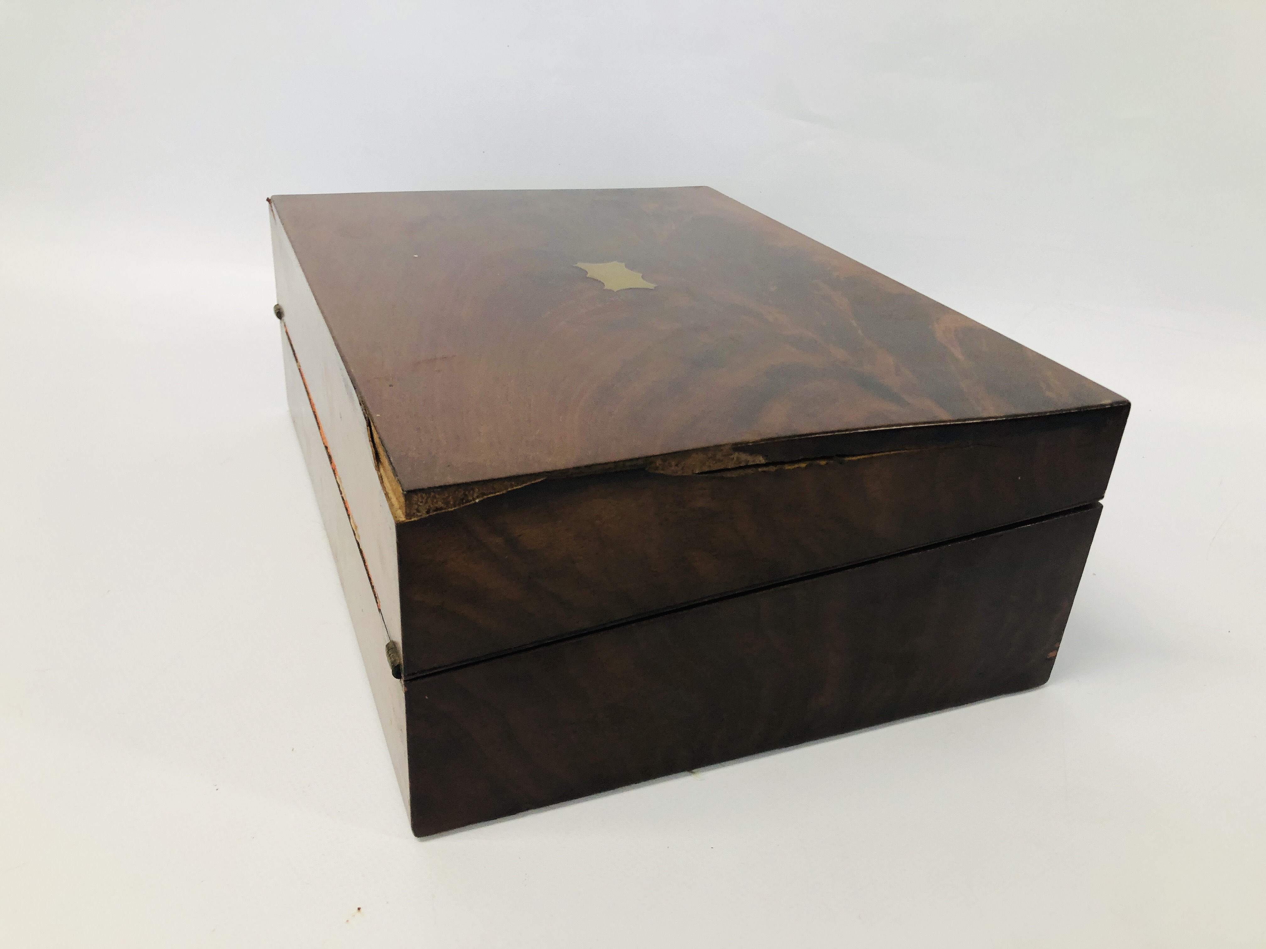 VINTAGE WALNUT WRITING BOX WITH BRASS BOUND DETAIL ALONG WITH A MAHOGANY EXAMPLE - REQUIRES - Image 11 of 12