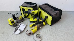 A RYOBI CORDLESS 18V GRINDER, RYOBI CORDLESS 18V DRILL, 4 BATTERIES,