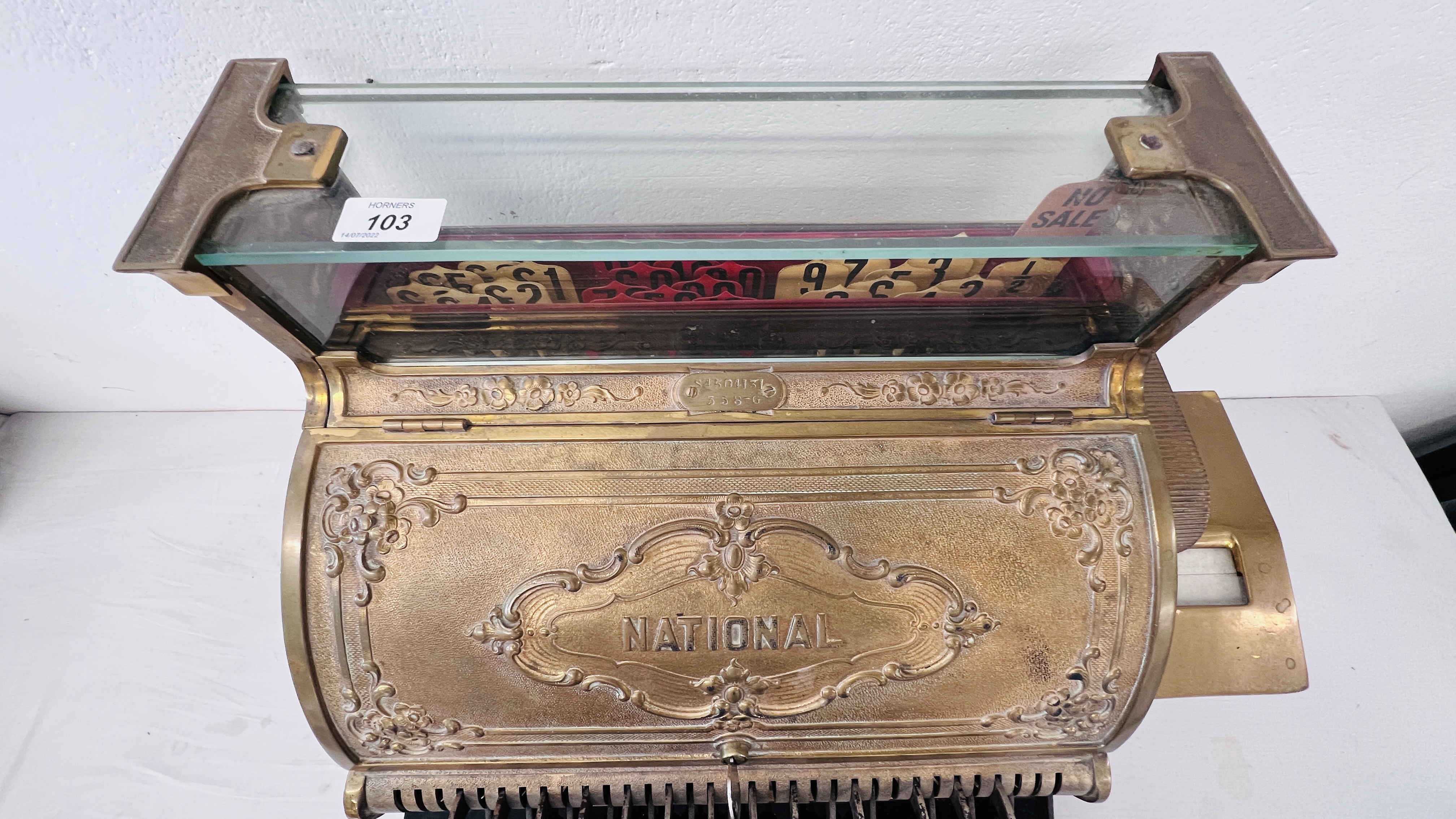 A LARGE 19TH CENTURY NATIONAL CASH REGISTER BRASS TILL - WIDTH 55CM BEARING PLAQUE S4504131358-G. - Image 4 of 23